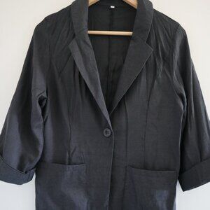 Linen-style casual one-button blazer top, black